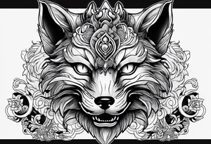 Split one side kitsune, other side oni mask tattoo idea