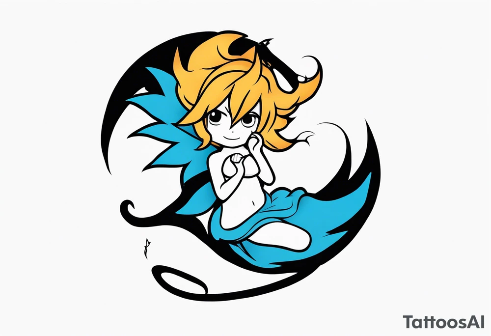 A fairy with a tail inspired by the logo of the anime show called Fairy Tail in a fetal position leaning in and forward while in the air floating tattoo idea