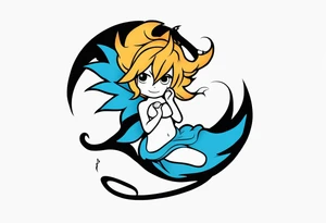 A fairy with a tail inspired by the logo of the anime show called Fairy Tail in a fetal position leaning in and forward while in the air floating tattoo idea