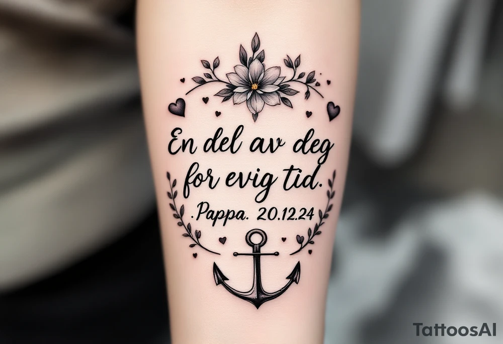 Quote: "En del av deg for evig tid. 
Pappa 20.12.24"
Surround the quote with delicate gladious, notes, hearts and an anchor tattoo idea