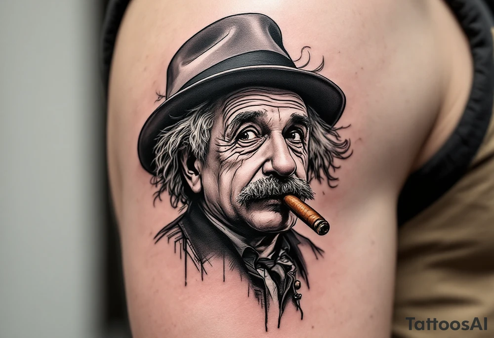 Albert einstein smoking a cigar with a hat on backwards tattoo idea