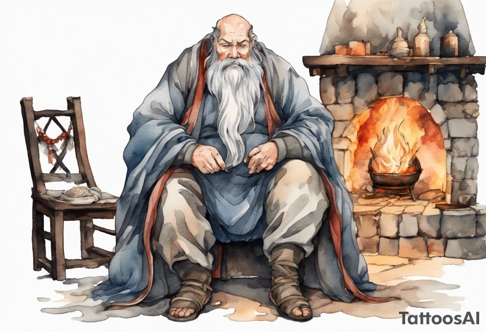 a large Medieval man with a grey beard sitting by the hearth tattoo idea