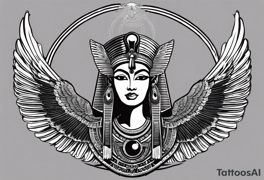 black and white Egyptian goddess Isis, who is often depicted as a woman with outstretched wings, holding an ankh (a symbol of life) in one hand and a lotus flower in the other. Her headdress often includes a throne or a solar disk. The tattoo design can vary in style and size, but it typically aims to capture the essence of this revered Egyptian deity, emphasizing her beauty, power, and maternal qualities. The choice of colors and additional elements can also be customized to create a unique and visually striking representation of the goddess Isis tattoo idea