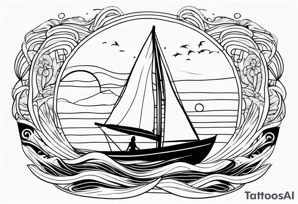 Hula girl on a sailboat with waves tattoo idea