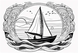 Hula girl on a sailboat with waves tattoo idea