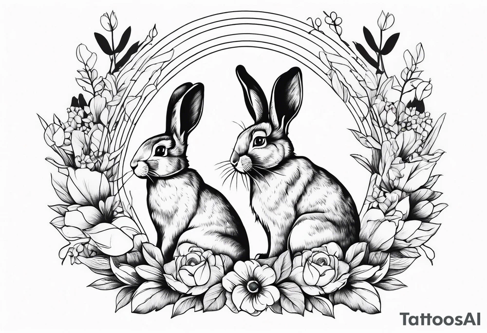 Realistic rabbit in the middle of realistic flowers and leaves tattoo idea