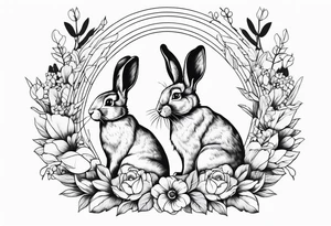 Realistic rabbit in the middle of realistic flowers and leaves tattoo idea