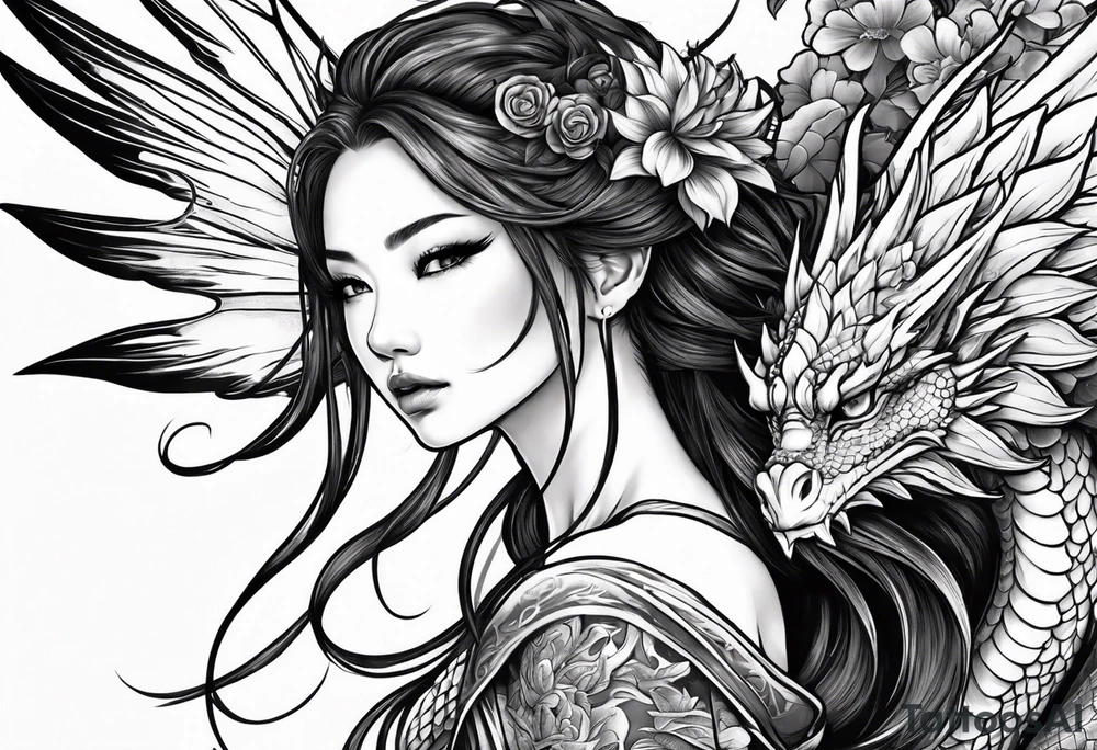 beautiful warrior nymph with large wings coming out of her back and a dragon friend tattoo idea