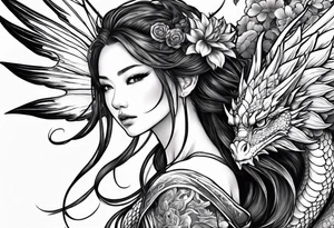 beautiful warrior nymph with large wings coming out of her back and a dragon friend tattoo idea
