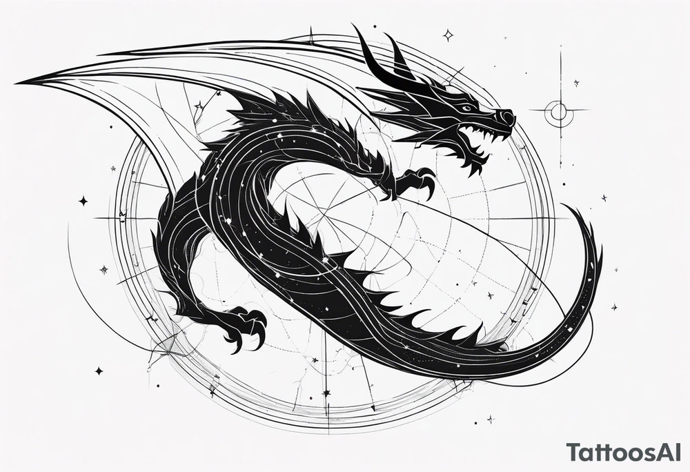 A giant dragon with thin lines on the background of the constellation elegant tattoo idea