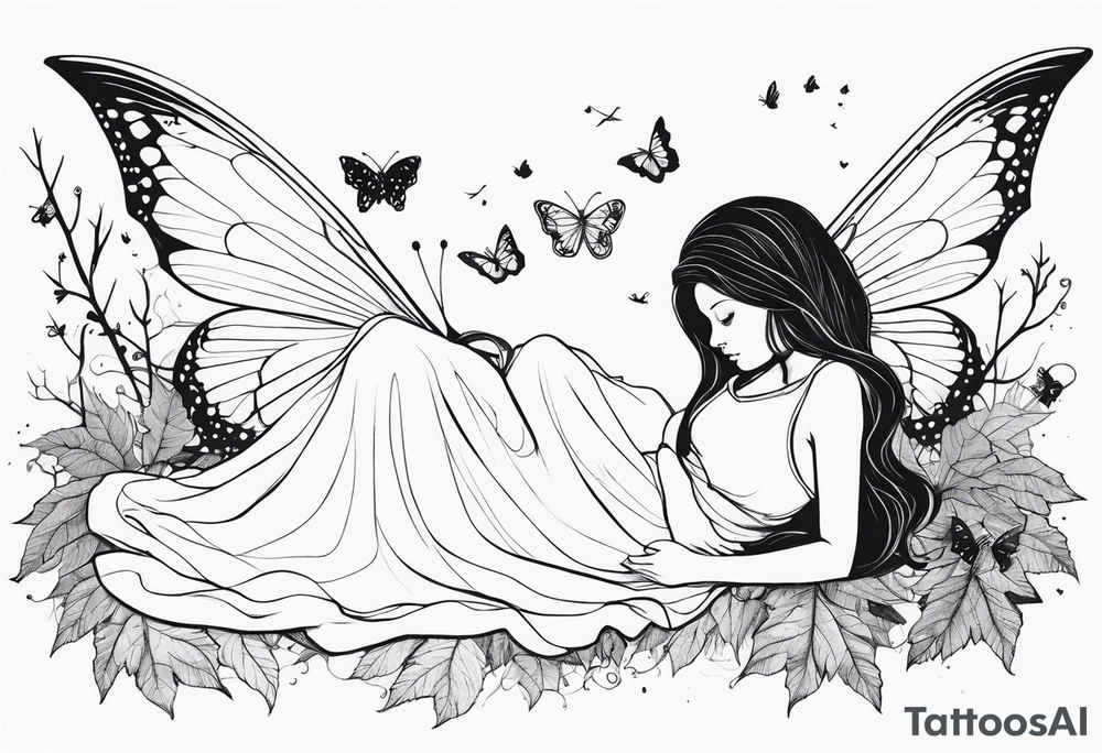 A depressed fairy laid down, flat to the ground on her front, surrounded by mystical woodland and butterflies tattoo idea