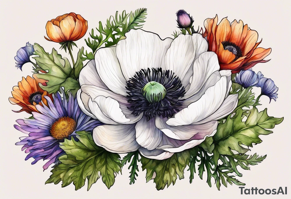 one white anemone with black center in the middle of equal sized mixed colorful wildflowers all with different shapes including thistles, ferns, ranuculus, and sun flowers all in watercolor tattoo idea