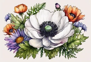 one white anemone with black center in the middle of equal sized mixed colorful wildflowers all with different shapes including thistles, ferns, ranuculus, and sun flowers all in watercolor tattoo idea