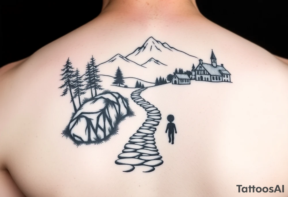 designing a black and white tattoo for a half-sleeve on shoulder: path beginning in the bottom end and winding upwards. The first third starting at the bottom. On the left are a few trees and on the right side a village and a school. A child is walking the path. tattoo idea