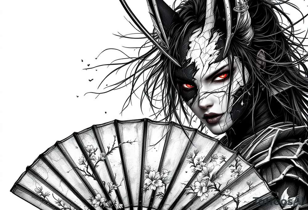Woman samurai with red eyes wearing an half and broken kitsune mask, holding a japanese fan with Sakura flowers tattoo idea