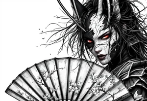 Woman samurai with red eyes wearing an half and broken kitsune mask, holding a japanese fan with Sakura flowers tattoo idea