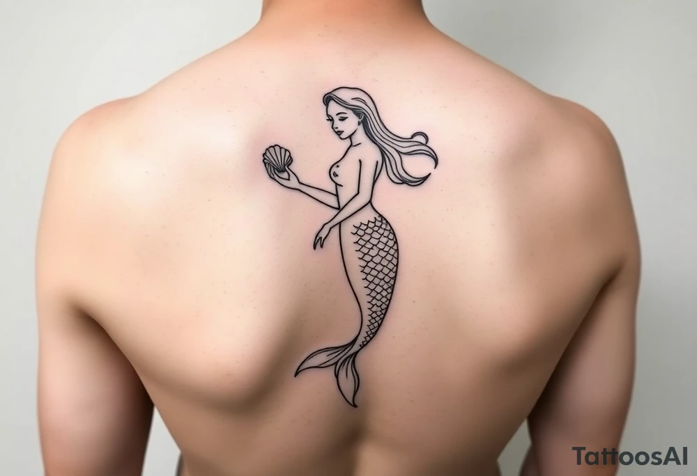 Mermaid tattoo full body soft face light grainy holding a shell in hand tattoo idea