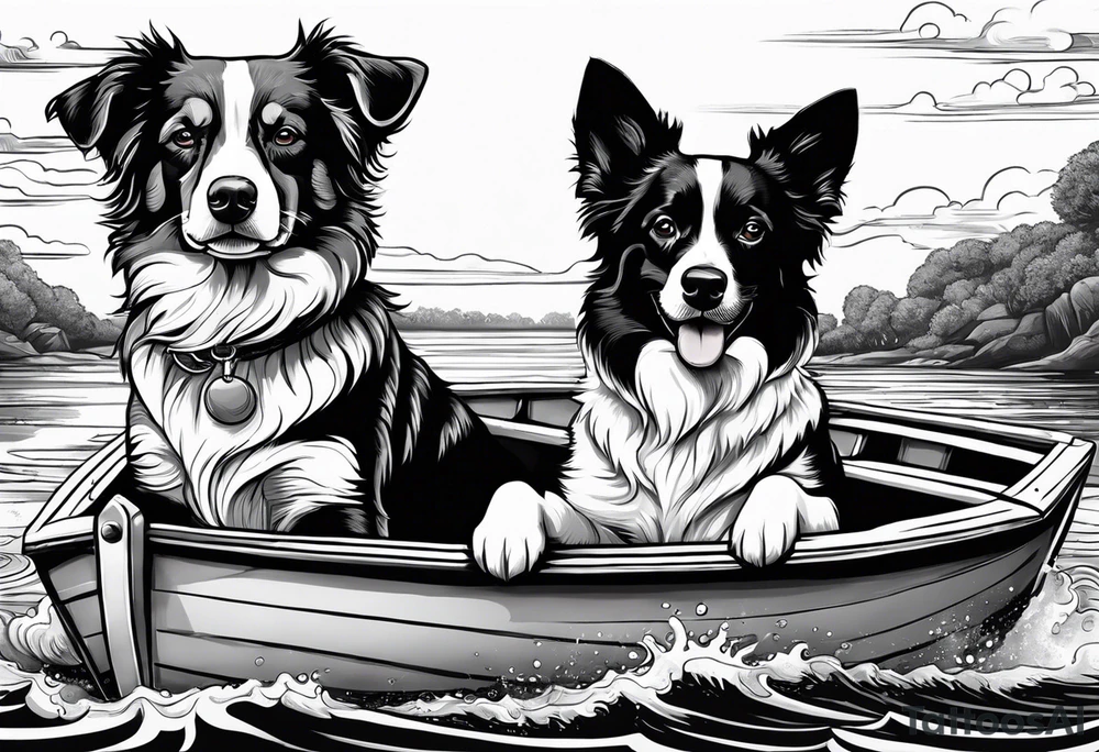 two dogs in a boat. One dog is tan with big ears like a chihuahua. The other dog is black and white and looks like an australian shepherd with floppy ears tattoo idea