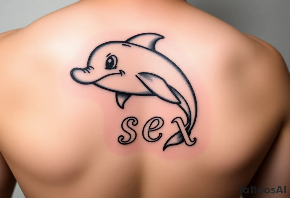 Cartoon dolphin with a mischievous face and the word sex written in cartoon letters tattoo idea