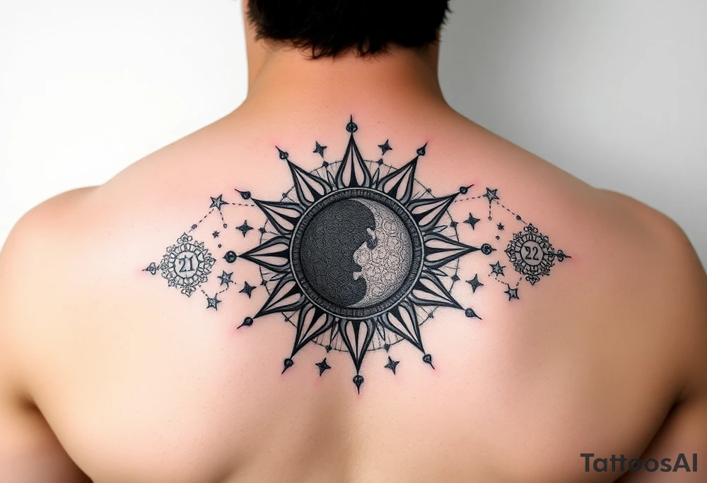 celestial sun and moon embrace with constellation patterns with 222 tattoo idea celestial sun and moon embrace with constellation patterns with 222 tattoo idea