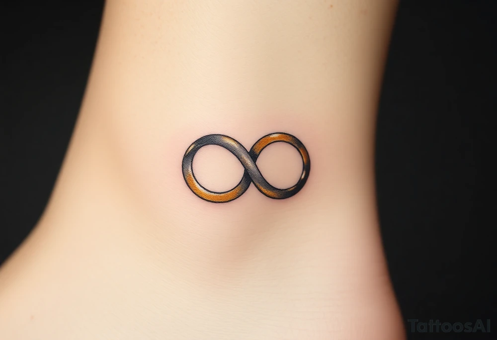 A delicate infinity symbol made of interlocking wedding rings, with soft metallic gold and silver tones tattoo idea