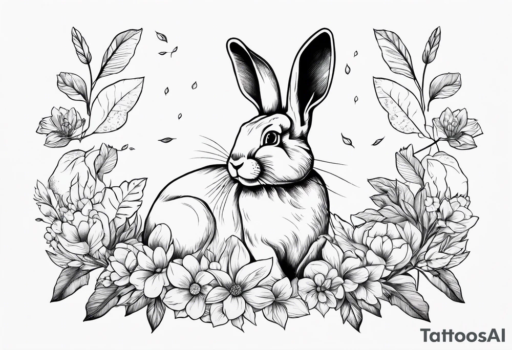 Realistic rabbit in the middle of realistic flowers and leaves tattoo idea