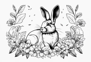 Realistic rabbit in the middle of realistic flowers and leaves tattoo idea