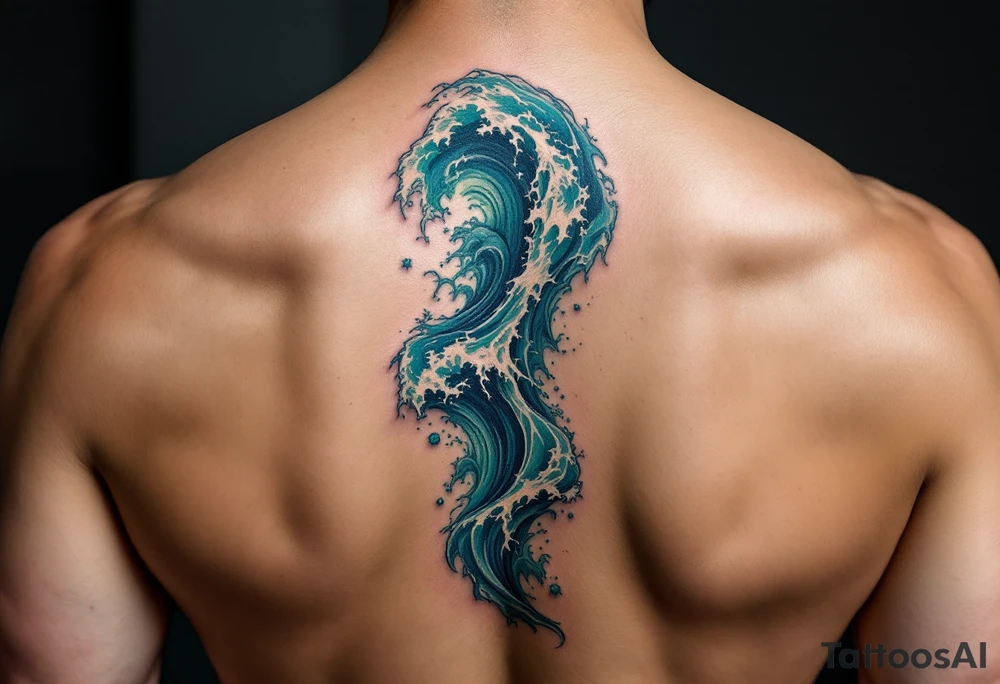 A crashing ocean wave in shades of emerald and cobalt crashes down the spine. tattoo idea