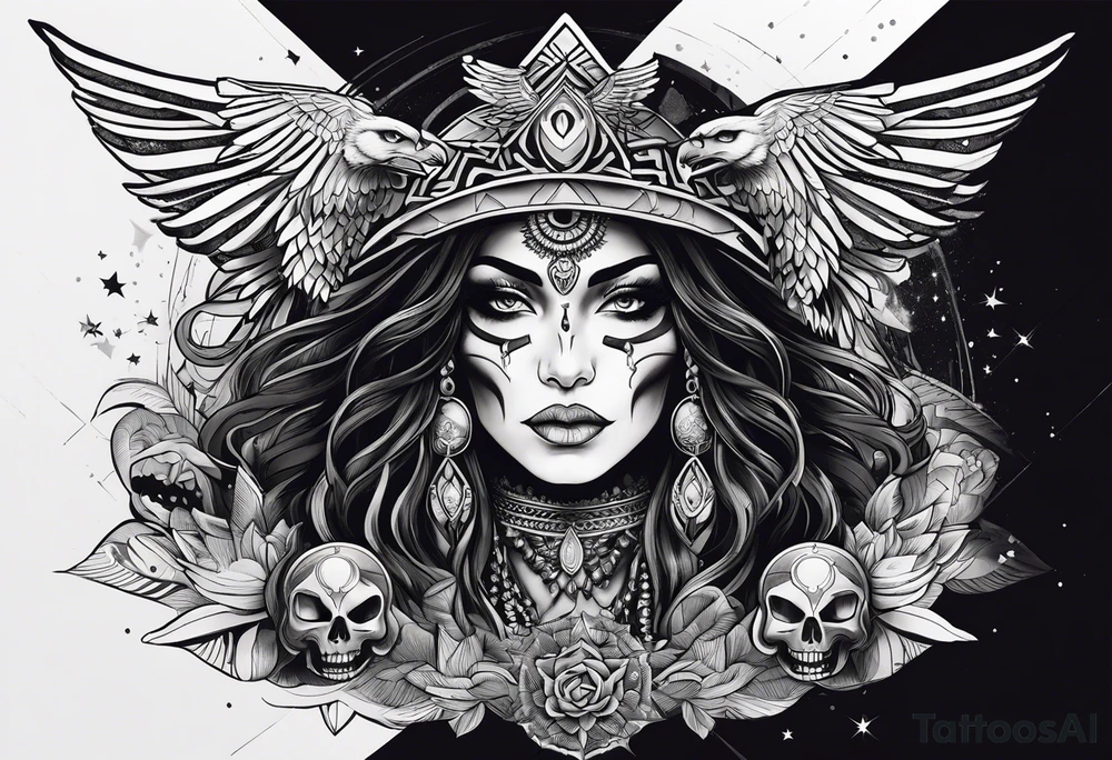 black kali, goddess pirate, alien, pachamama, valkrye, warrior, skull, lotus azul, wing, eagle, zenza resonance, stars, 5D, anahata chakra tattoo idea