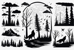 thunderstorm over a forest and a wolf howling tattoo idea