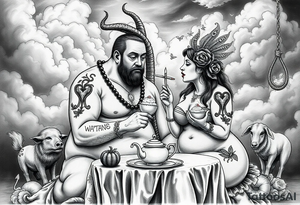 Naked Man and fat woman having sex eating cupcakes and  fruit  having sex clouds gothic sexy naked fat lady having a tea party with tea pot with fancy castle  
with mystical  a pigs, peacock,  lion, goat, noose and smoking cigerettes looking in the mirror thru storm clouds and broken hearts and darkness and wrath, envy , gluttony, greed, sloth, pride . Gothic tattoo idea