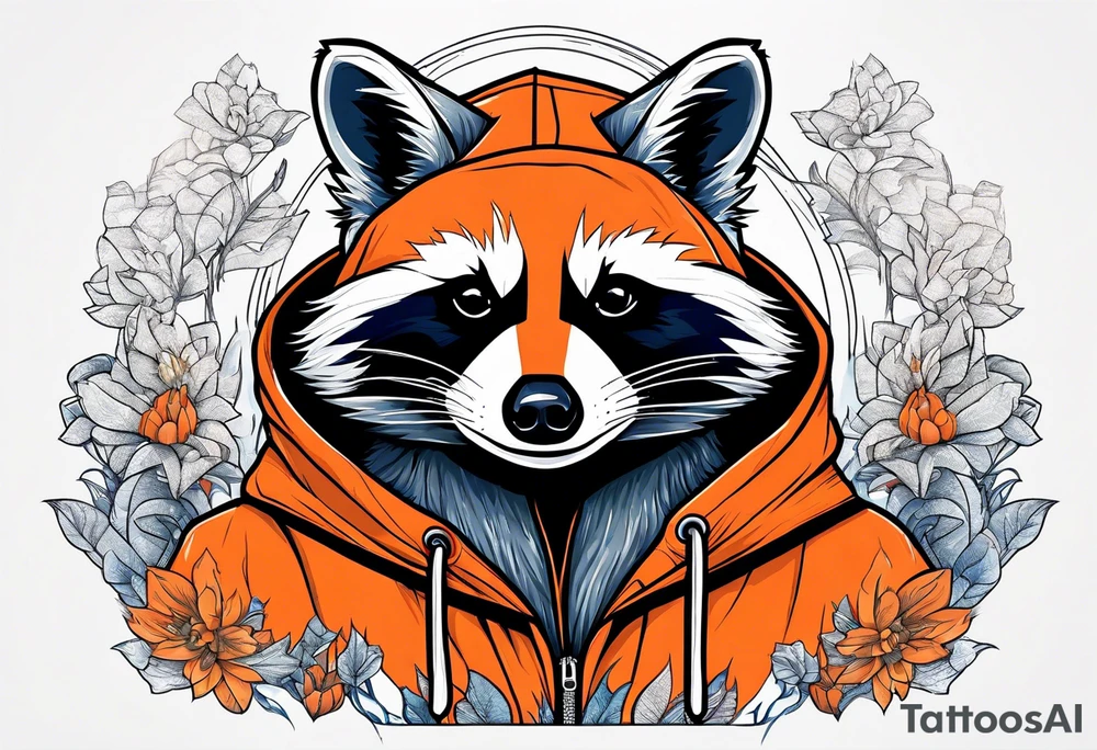 Raccoon wearing an orange Superman hoodie tattoo idea