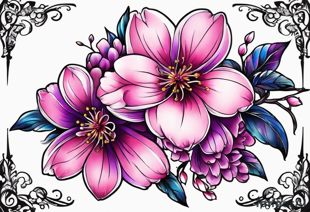 Stars, pinks, purple, blues and cherry blossoms tattoo idea