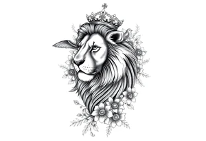powerful majestic lion with a crown, surrounded by floral ornaments and birds tattoo idea
