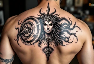 Athena goddess of war and wisdom with her Medusa shield and spear as a women’s sleeve tattoo idea