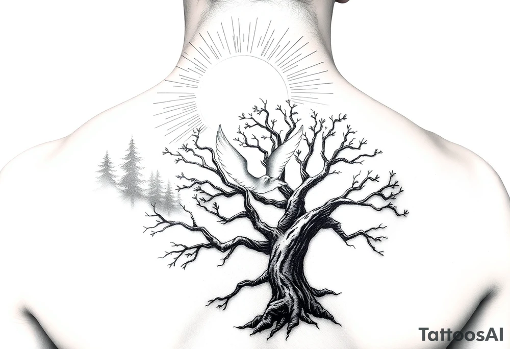 "A tattoo design featuring sun rays  clearly radiating from the top of the shoulder, with a serene forest scene in the background. Incorporate a prominent 'poison tree' design, featuring twisted and gnarled branches, symbolizing duality or mystery. Add a white dove in flight in the foreground, positioned slightly above or near the tree, symbolizing peace and hope. The overall design should have a balance of contrast and shading, blending realism with a slightly surreal artistic style." tattoo idea