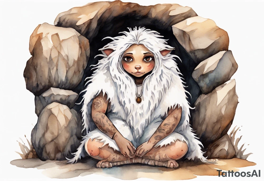 a solitary plump mole woman with large round eyes, covered in white fur with  brown dreadlocks sitting in stone throne in a cave tattoo idea