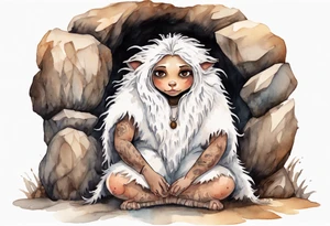 a solitary plump mole woman with large round eyes, covered in white fur with  brown dreadlocks sitting in stone throne in a cave tattoo idea