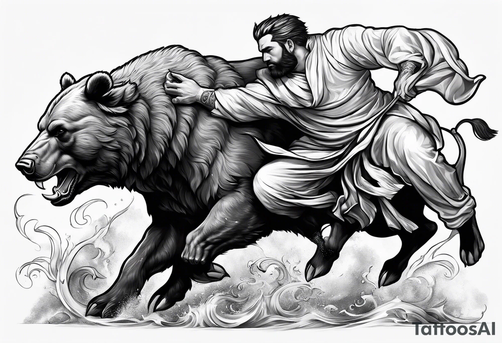 I want a sleeve tattoo design bear fighting a bull tattoo idea