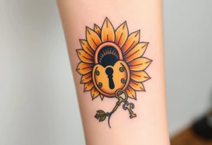 A sunflower lock with a bronze key flowing near the lock within its petals, radiating warmth and positivity tattoo idea