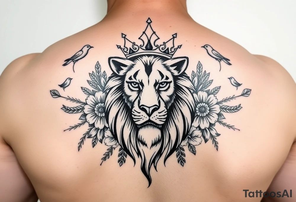powerful majestic lion with a crown, surrounded by floral ornaments and birds tattoo idea