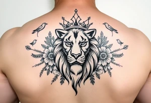 powerful majestic lion with a crown, surrounded by floral ornaments and birds tattoo idea