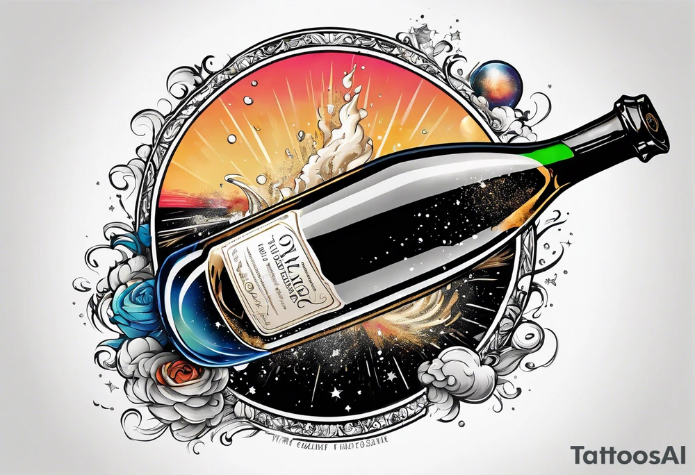 The top half of the world in space, a champagne bottle exploding above it tattoo idea