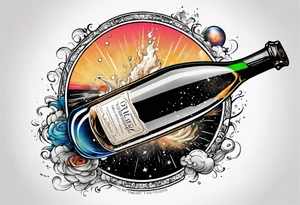 The top half of the world in space, a champagne bottle exploding above it tattoo idea