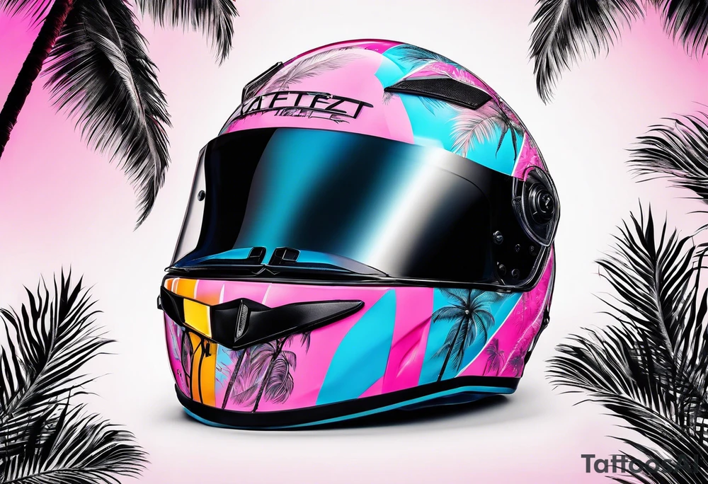 formula 1 helment with a palm tree and black light blue and pink colors tattoo idea