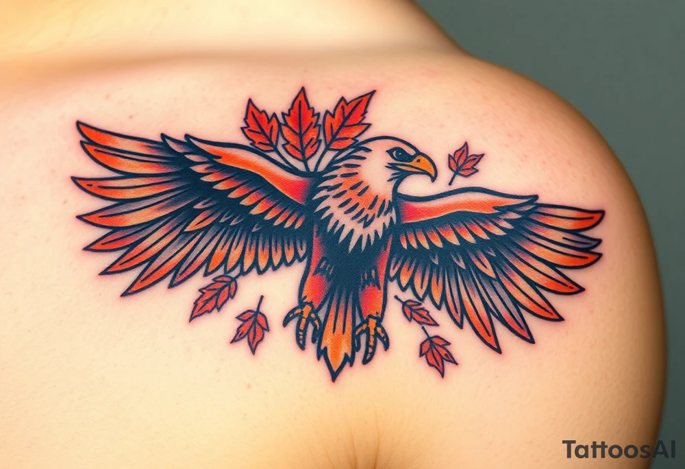 An eagle with a powerful wingspan, with autumn leaves swirling around it, painted in rich earthy tones of brown, red, and orange tattoo idea