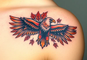An eagle with a powerful wingspan, with autumn leaves swirling around it, painted in rich earthy tones of brown, red, and orange tattoo idea