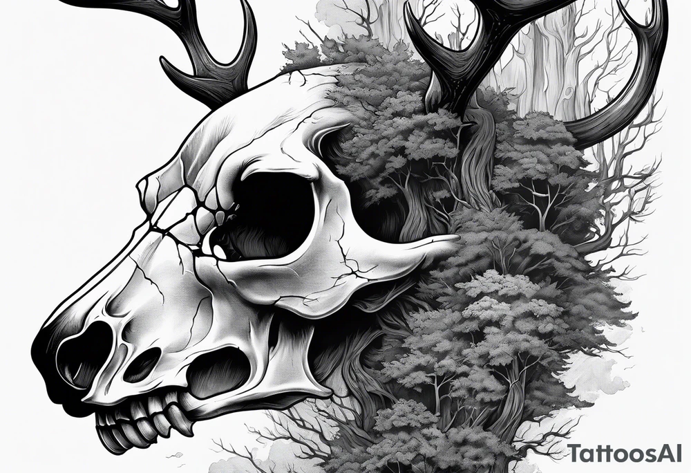A SCARY side view of a decayed deer skull NO SKIN JUST BONE surrounded by a forest fire in background tattoo idea