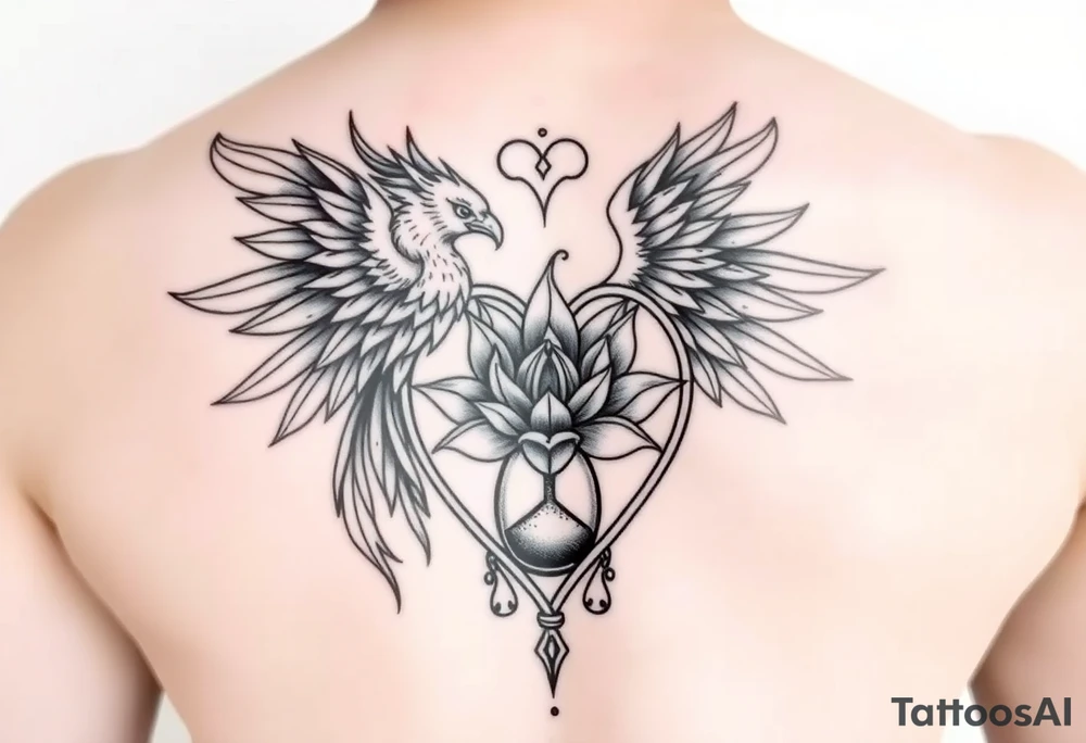 the phoenix and hour glass with lotus flower in kintsugi heart design tattoo idea