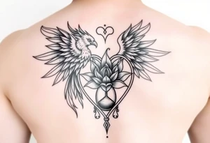 the phoenix and hour glass with lotus flower in kintsugi heart design tattoo idea